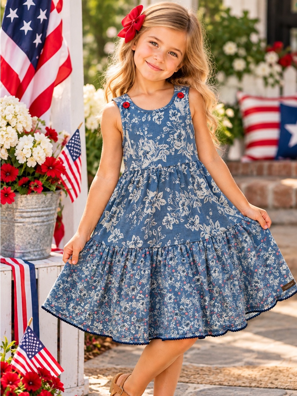 Matilda Jane Girls Size 6 Blue Floral Tiered Midi Dress Red Polka Dot Detail